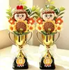 Produto acabado criativo Presente para o Dia do Professor: Buquê de crochê de girassol com troféu de medalha de ouro para professores e coordenadores de turma, masculinos e femininos