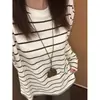 Camiseta de Manga Larga Rayada Suave y Masticable para Mujer, Primavera y Otoño, Holgada, Simple, Casual, Estilo Perezoso, Prenda Interior, Camiseta Base