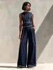 Conjunto de Calça Wide Leg Sem Manga Color Block Estilo Europeu e Americano Novo 2026 para Mulheres, Conjunto Casual de Moda de Duas Peças para o Verão, Estilo Tendência Transfronteiriço
