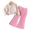 2025 Amazon Más Vendido Estilo Dulce Nuevo Conjunto de Suéter Pulóver de Manga Larga con Flores para Niñas y Pantalones Acampanados Rosas