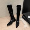 Botas Elásticas Slim Estilo Popular Europeu Marrom Fashionáveis Versáteis Bico Fino Salto Interno Oculto Botas de Cano Alto para Mulheres