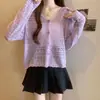 2025 Cardigan de Punto con Protección Solar de Seda de Hielo para Mujer Verano Talla Grande Cuello en V Color Sólido Delgado Hueco Chal Exterior Chaqueta Corta