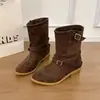 Botas de Media Caña Retro Europeas de Gamuza Mate para Mujer Punta Fina Tacón Grueso Hebilla Adelgazantes Botas de Jinete Botines Versátiles