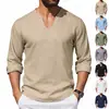 Nueva camiseta de color liso estilo americano de Amazon transfronteriza, diseño casual de lino holgado para hombre, manga larga talla grande