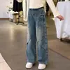 Calça Jeans Feminina Primavera e Outono 2026 Novo Estilo Coreano Moda Calça Wide Leg para Crianças Maiores, Jeans da Moda para Outono Comprimento Total