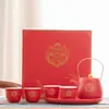 Conjunto de Chá Kung Fu Vermelho Estilo Chinês para Casamento com Xícaras de Chá e Bandeja de Chá de Cerâmica, Novo Presente de Casamento para Melhores Amigos