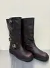 Versión de cuero ~ Nuevas botas de montar vintage de punta redonda con hebilla lateral, tacón grueso versátil, botas largas de pierna ancha adelgazantes para mujer
