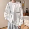 Sudadera blanca para hombre con costuras de contraste, corte holgado, versátil para otoño, sin capucha, marca de moda, cuello redondo, prenda exterior gruesa para adolescentes