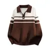 Fábrica de suéteres de punto a rayas con cuello Henry de marca de moda de gran venta transfronteriza, venta directa de prendas de punto para hombre desde el fabricante