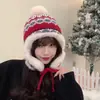 Gorro de punto grueso y cálido estilo Fair Isle para mujer de invierno, forrado de polar, gorro de lana con protección para las orejas estilo mongol, gorro Lei Feng para circunferencia de cabeza grande