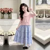 Conjunto de Dos Piezas para Niñas Verano 2026 Nuevo Elegante Rayas Manga Corta Dulce Moderno Lindo Encaje Falda Larga