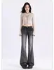 Calça Jeans Flare Bordada Estilo Americano Preto e Cinza para Mulheres, Outono e Inverno Cintura Baixa Retro Hot Girl Slim Fit Comprimento Total Boca de Sino