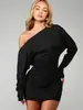 Vestido Mini Bodycon de Manga Larga de un Solo Hombro de Venta Caliente Transfronteriza Europea y Americana para Mujer, con Fruncidos, Elástico, Ajustado, de un Lado Descubierto