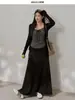 Julu Studio Conjunto de Mujer Tallas Grandes Estilo Coreano Camisola Rayada Relajada Elegante Cárdigan Falda de Cintura Alta Tallas Grandes