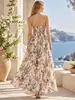 Vestido Largo Estilo Bohemio de Gasa Estampada con Tirantes Finos y Cuello en V Adelgazante Línea A Ropa Elegante para Mujer Vestido