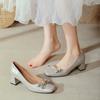 Zapatos de tacón alto con punta cuadrada y tacón grueso y zapatos de vit baja 2025 primavera nuevos zapatos para mujer talla grande zapatos de tacón medio franceses con lazo