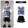 Ropa de Moda Hip-hop para Niños Traje Azul de Manga Corta con Chaleco Falso para Niños Ropa Genial de Hip-hop para Actuación de Niñas