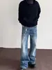 Jeans rectos desgastados lavados de alta costura para hombre, nuevo diseño de primavera y otoño, pantalones largos anchos casuales holgados vintage