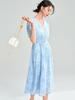 Vestido Elegante de Verão em Lyocell Resistente com Recortes Bordados Estilo Francês Tencel Decote V Cintura Marcada Comprimento Médio 25051