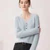 Suéter 100% Cachemir Puro para Mujer de Tres Botones con Cuello en V Simple para el Trabajo de Manga Larga Jersey de Punto Suave con Cuello Medio Abierto