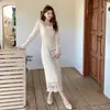 Nuevo Vestido Largo Elegante Estilo Francés Otoño 2026 con Volantes, Corte Ajustado, Vestido de Manga Larga de Encaje para Mujer