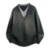Suéter de punto de imitación de dos piezas para hombre, cuello en V, cuello Henley, diseño de patchwork, estilo old money, business casual, otoño/invierno, moderno, venta al por mayor transfronteriza desde fábrica