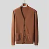 Suéter Masculino de Lã 100% Pura para Primavera e Outono, Suéter Casual de Gola V, Jaqueta de Lã Solta para Base, Suéter de Tricô Aberto
