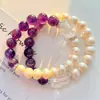 Pulsera Pulsera de Contraste de Perla de Agua Dulce Natural Vintage Guofeng de 9-10 mm, Amatista Natural y Cristal Blanco