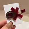 Laço de veludo vermelho vinho de luxo leve de alta qualidade, cinza, strass, clipe de bico de pato, grampo de cabelo elegante e doce, clipe de franja lateral