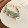 Pulseira de Rede Azul Dourada com Flor de Vidro Pérola Zircônia Brilhante Pulseira Elegante de Luxo Leve Joia de Mão Versátil da Moda