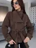 Colección nueva de otoño/invierno para mujer transfronteriza de Amazon: Estilo europeo y americano, chaqueta corta de moda con cuello texturizado y cinturón para ceñir la cintura