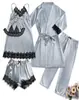 Ropa Interior Sexy Explosiones Europeas y Americanas Encaje Sexy Tirantes Pantalones Cortos de Encaje Pantalones Cárdigan Bata de Mañana Conjunto de Cinco Piezas Ropa para el Hogar