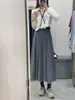 Traje Gris Falda Midi Plisada para Mujer Nuevo Otoño Temprano Drapeado Adelgazante Línea A Falda Paraguas Versátil Gran Vuelo Falda Larga