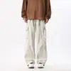 Calça casual tie-dye cinza sujo vintage desgastado, perna larga, solta, moderna, plus size, versátil, multi-bolsos, com cordão, calça comprida para homens