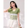 Sí Estilo rústico colorblock a rayas tejido de punto manga corta para mujer top cárdigan cropped ajustado de verano