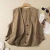 Foto Real Chaleco Mujer 2026 Otoño Nuevo Algodón Lino Para Superponer Muy Bonito Chaleco Corto Elegante Cuello en V Sin Mangas Chaleco