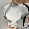 Camiseta Ombro Gola Careca Feminina 2025 Nova Camiseta Feminina Manga Curta com Costura Listrada no Punho Top Solto Plus Size