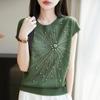 2025 Nuevo Conjunto Sin Mangas Camiseta de Manga Corta Camiseta Top Chaleco de Perlas Apiladas Camisa de Punto de Verano para Mujer Cuello Redondo Textura Irregular