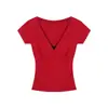 Camiseta de verano sexy de encaje con costuras, cuello en V, manga corta, para mujer, chica popular, abrigo corto ajustado
