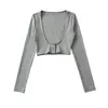 1652-26 Outono Estilo Coreano Slim Fit Decote V Profundo Cropped Manga Longa Camiseta com Barriga à Mostra, Adequada como Camada Base ou Cardigã