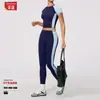 Conjunto de Yoga Zechuang de Tacto Natural para Mujer, Manga Corta Cuello Redondo, Pantalones Largos de Cintura Alta, Alta Elasticidad Ajuste Delgado Ropa Deportiva de Fitness 2567