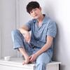 Pijama de verano para hombre, 100% algodón, talla grande, manga corta, holgado, estilo coreano, para el hogar, con rayas finas.