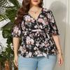 Blusa de Gasa Holgada con Estampado, Cuello en V, Manga Corta, Cinturón para Atar en la Cintura, Tallas Plus para Mujer, Popular en Amazon y Aliexpress, Oculta la Forma del Cuerpo