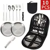 Conjunto de talheres de aço inoxidável portátil para exterior mais vendido internacionalmente, conjunto de piquenique de viagem de 20 peças com faca, garfo, colher, prato e pinça de churrasco