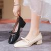Sapatilhas de Salto Grosso de Couro Macio para Mulheres 2025 Novo Estilo Raso Laço Mary Jane Sapatos Femininos Sapatos de Trabalho Profissional para Mulheres