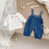 Mono Largo de Bebé de Mezclilla de Moda Primavera y Otoño 2025 Bordado de Hongo Manga Larga Camisa Babydoll Peto de Mezclilla Conjunto de Dos Piezas