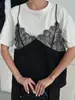 2026 Nueva Ropa Sexy para Mujer de Estilo Ins Europeo y Americano Transfronteriza Empalme de Encaje Holgada Básica de Cuello Redondo Manga Corta Camiseta