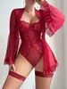 Lingerie Sexy de Estilo Europeu e Americano para Comércio Exterior, Modelador de Renda com Mangas Flare, Body Sexy com Cadarço e Conjunto de Meias