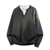 Tricô Falso de Duas Peças Allin Masculino Outono e Inverno Nova Moda High-End Gola V Retrô Quente Tricô Solto Cinza Escuro