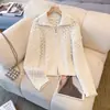 Cardigã de crochê vazado em tricô macio, design outono e inverno, jaqueta suéter com zíper, tamanho único branco feminino